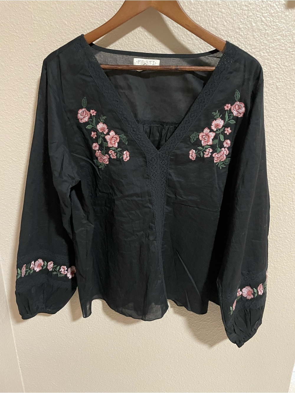Festi Women’s Black Embroidered V-Neck Floral Top
